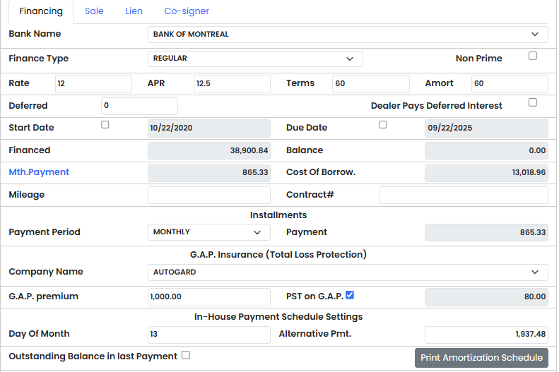 CAMS F&I Payment Calculation Screen